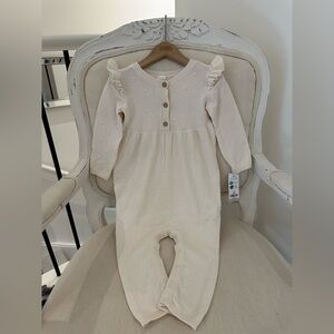 🦢 24 Mth Ivory Ruffle Swiss Dot Knit 100% Cotton Baby Romper NWT